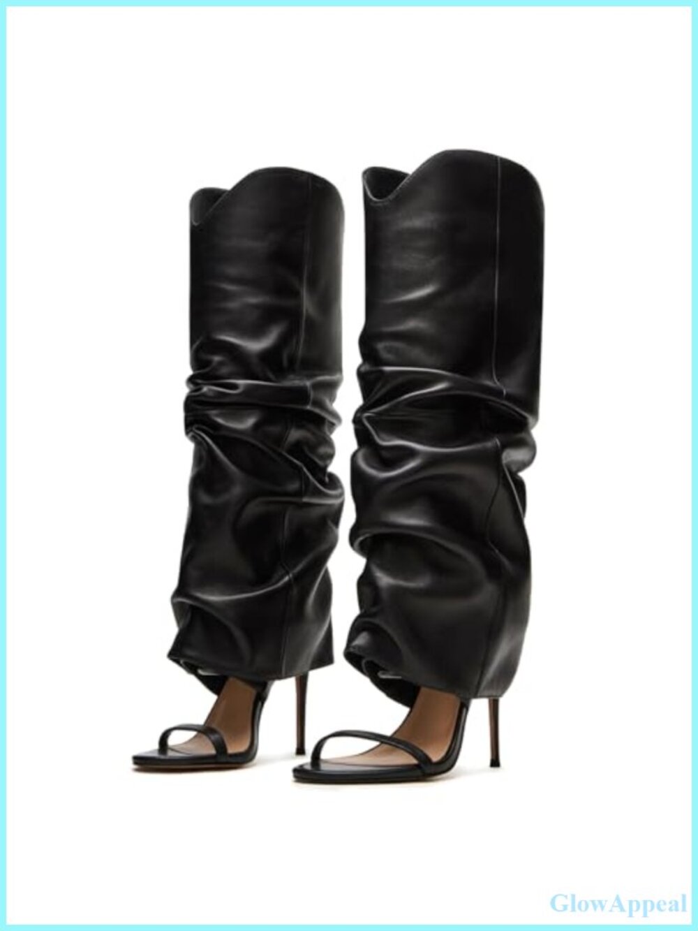 Wide Calf Knee High Heeled Sandals Slouched Ruched Stiletto Open Toe